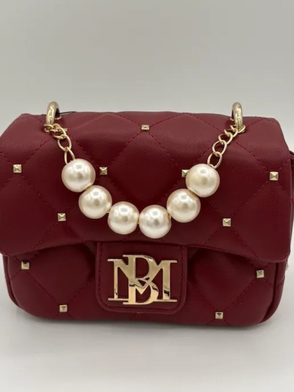 Badgley Mischka Wine Quilted Pearl Accent Crossbody Bag BM-4107